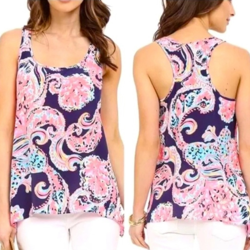 Lilly Pulitzer silk paisley Pink and Black Cut Out Tank Top shirt m